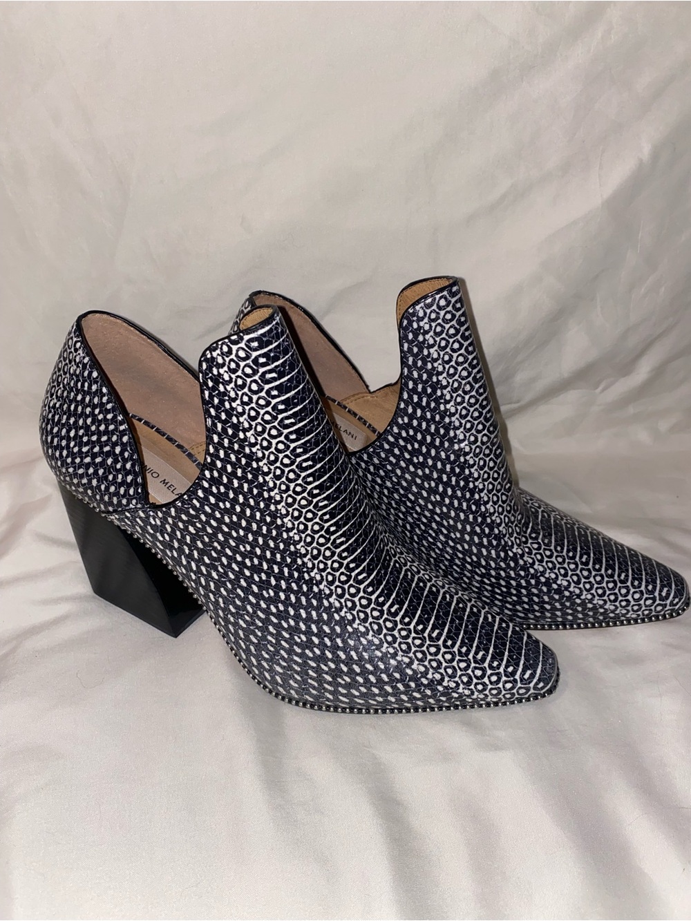 ANTONIO MELANI Snakeskin Black & White Patterned Pointed Ankle Booties